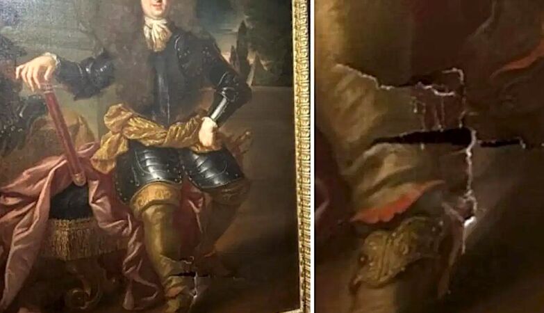 Art under attack of selfies. Torn frame for a meme, chair with destroyed crystals