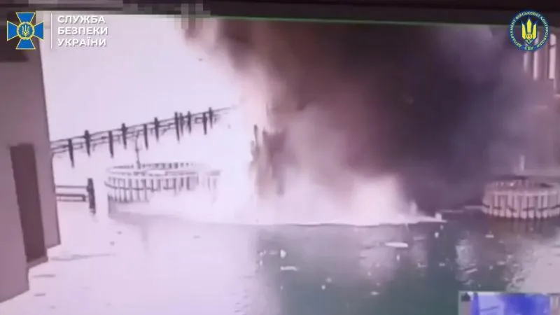 Ukraine says it has hit with underwater explosives to the bridge that connects Russia to Crimea. SBU/Telegram