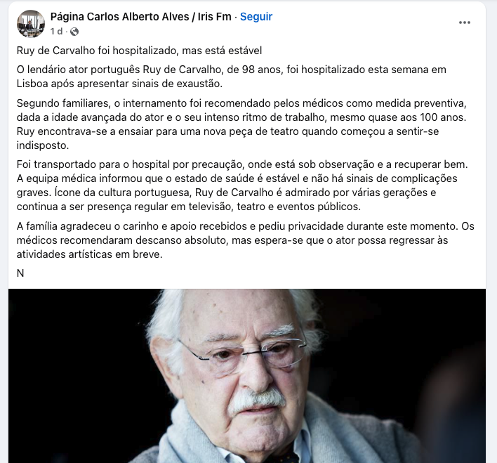 “ my father is great ”. Ruy de Carvalho's daughter clarification after “ False news ”