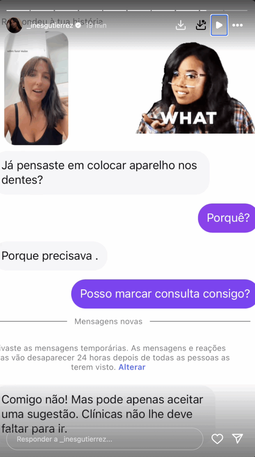 “ Have you thought about putting device? ”. Inês Gutierrez exposes a message about the teeth and reacts