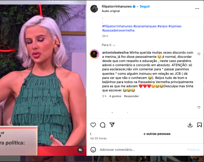 António Leal e Silva leaves a message to Filipa Torrinha Nunes after commenting on Sandra Felgueiras