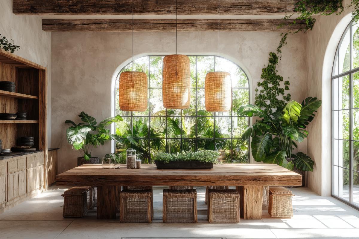 Rattan lamps and wooden details