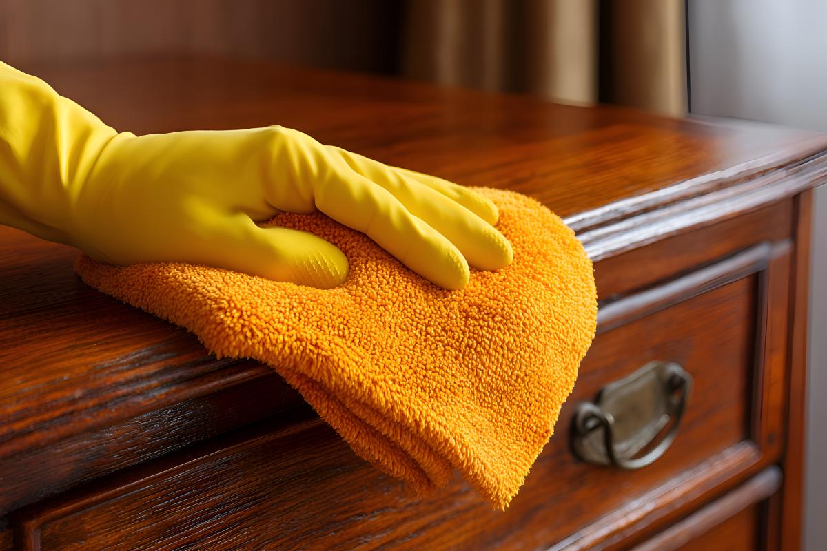What damages the wooden furniture while cleaning them weekly