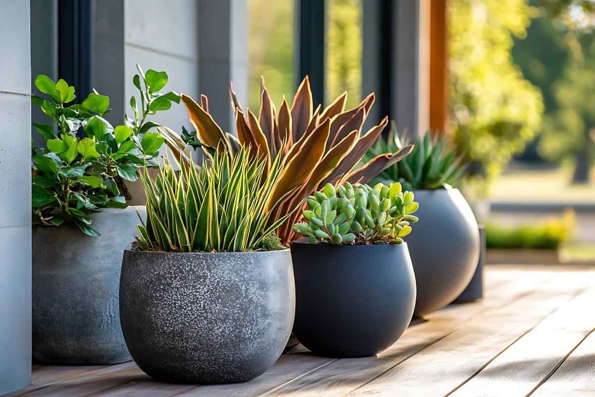 Vases decorate the garden