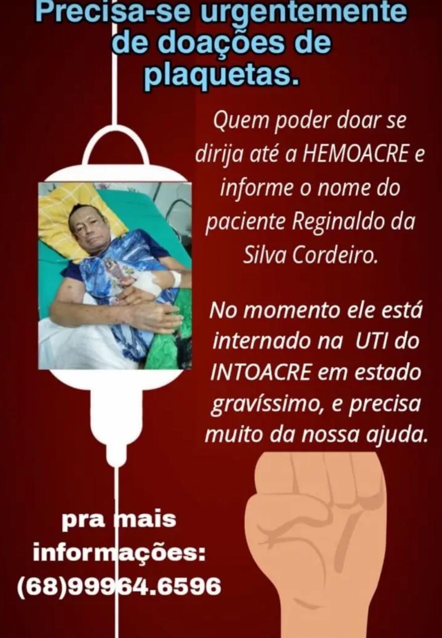 Admitted in serious condition, radio host Reginaldo Cordeiro needs platelet donation