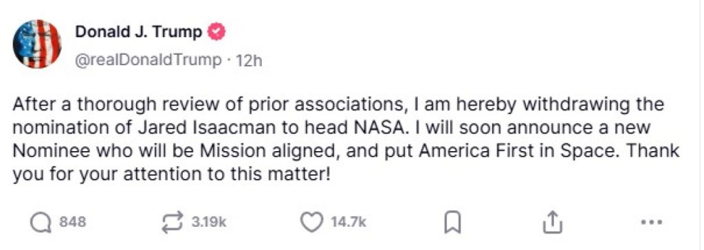 Trump: He withdrew his chosen Musk from NASA