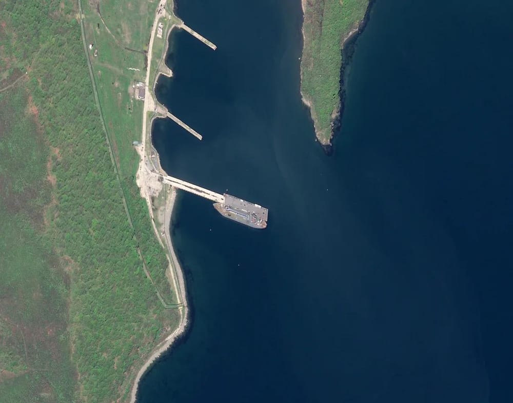 A satellite image taken on May 18, 2025 shows a ship in the port of Dunai, Russia (Open Source Center/Airbus)