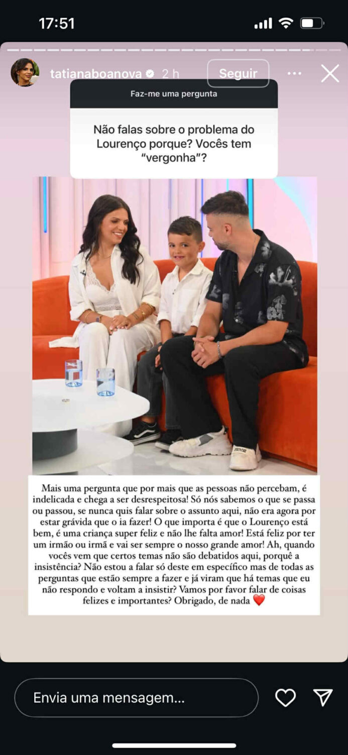 “ Question unknown and disrespectful ”. Tatiana Boa Nova is confronted about “ Problem ” of the son and react