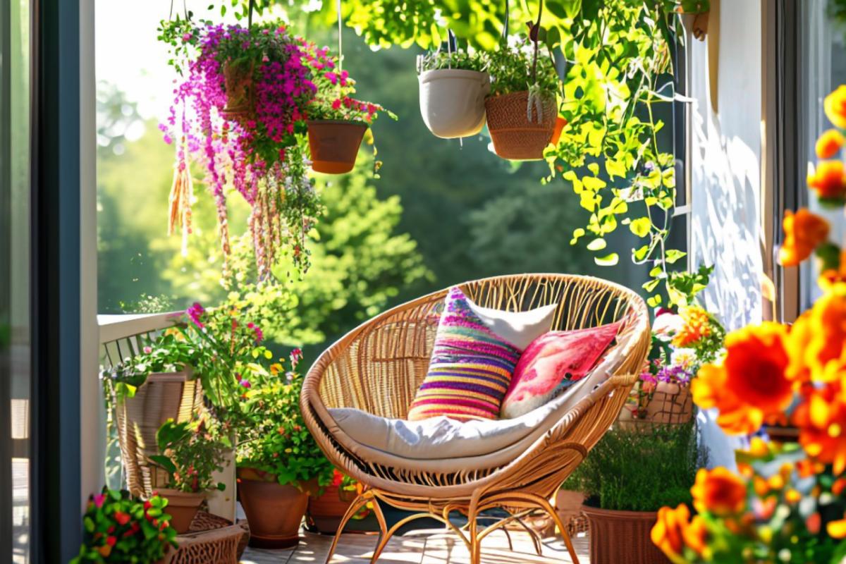 Vases suspended on the balcony with not very demanding plants