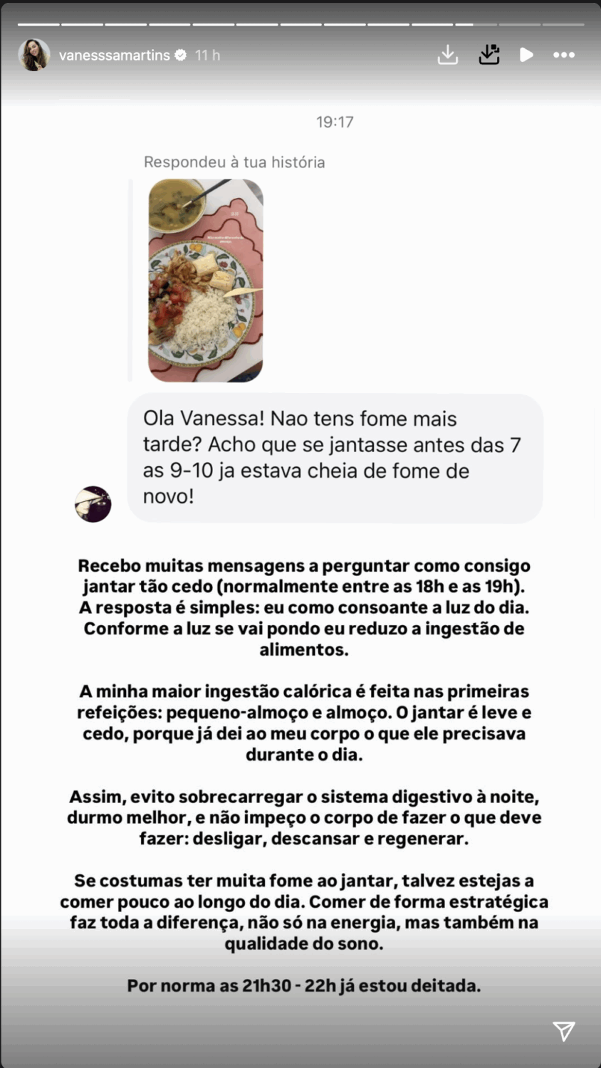 Dinner “ so soon ”? Vanessa Martins is questioned about food routine and gives ‘ explanation ’