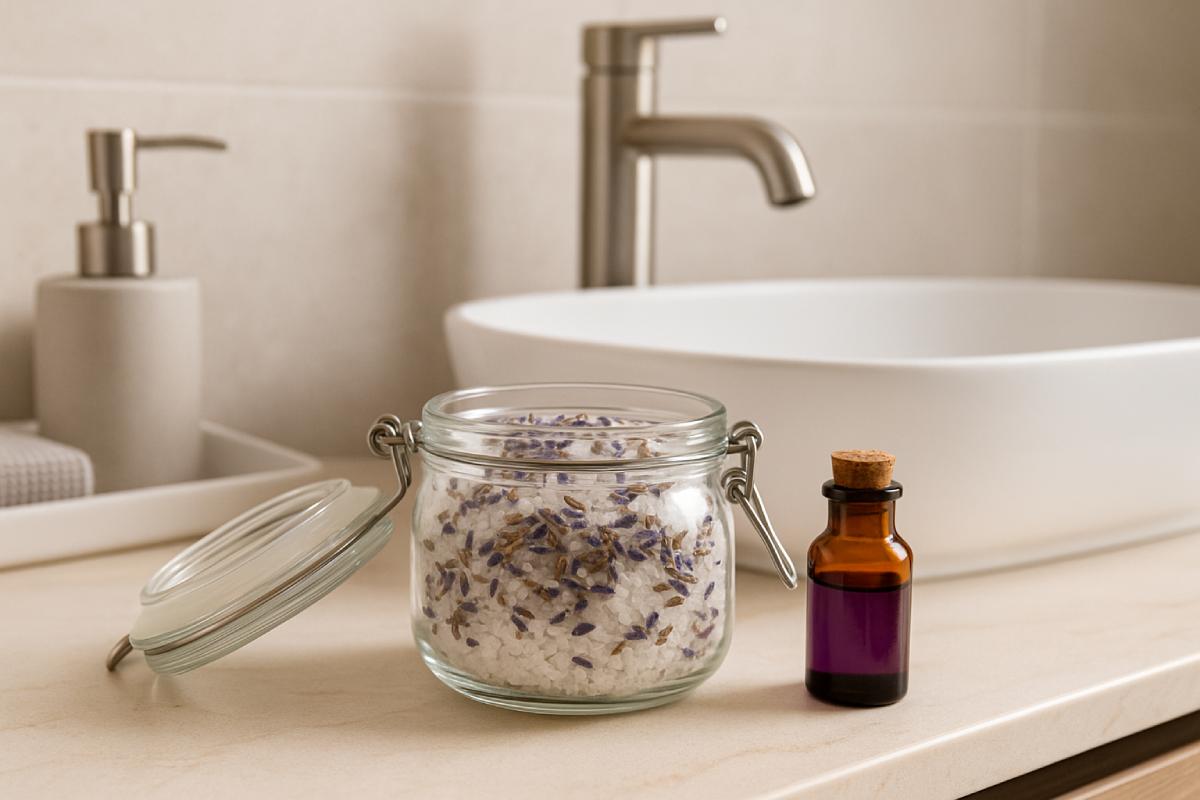 Go humidity and smells with lavender and salt in the bathroom