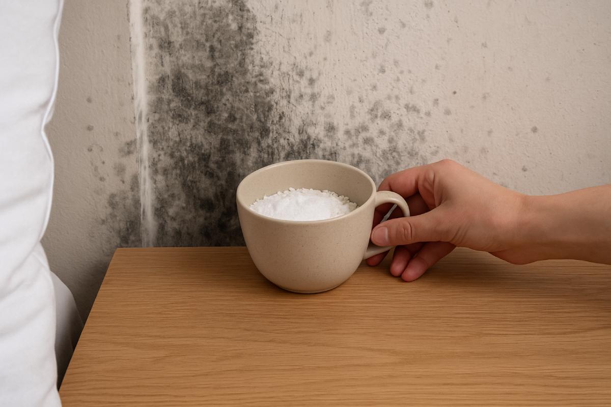 Cup of baking soda, rice and coarse salt against humidity