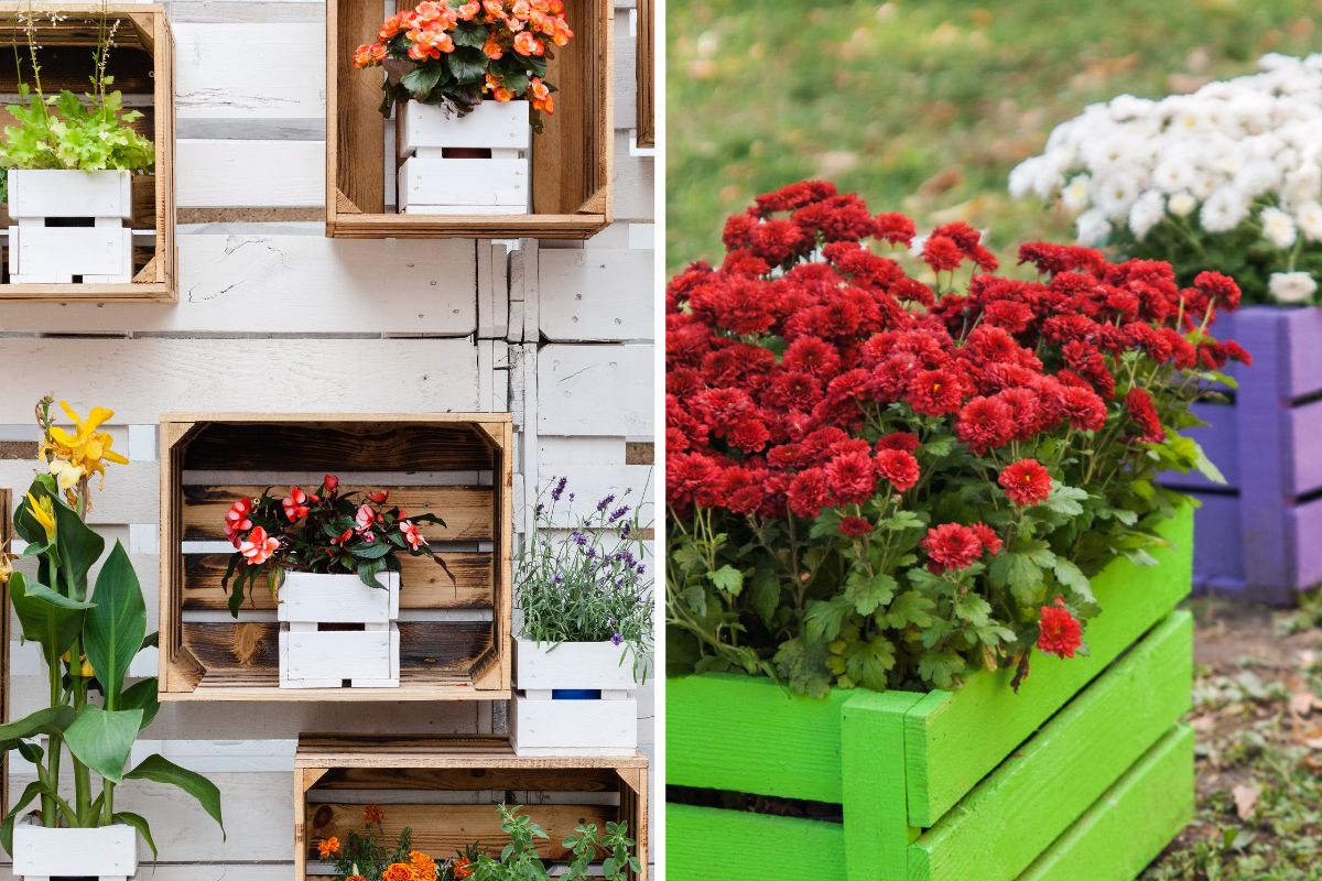 balcony with planters with wooden boxes