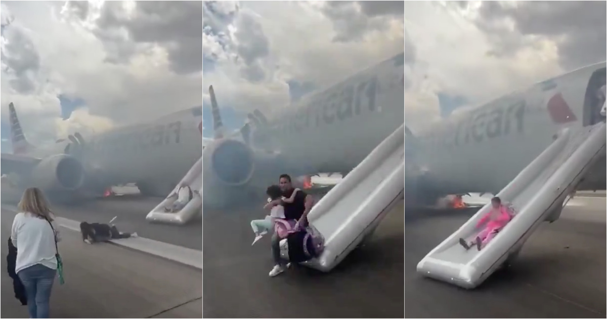 Dramatic Evacuation: Passengers flee by flames through the emergency slip