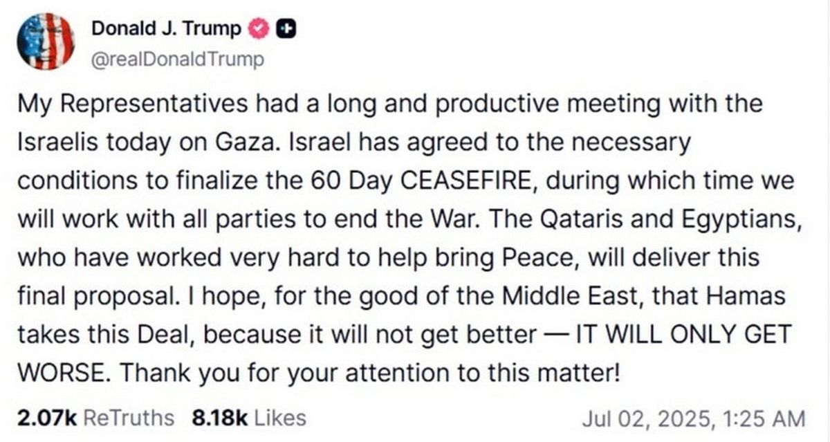 Trump: Israel has agreed to terms of 60 -day truce in Gaza