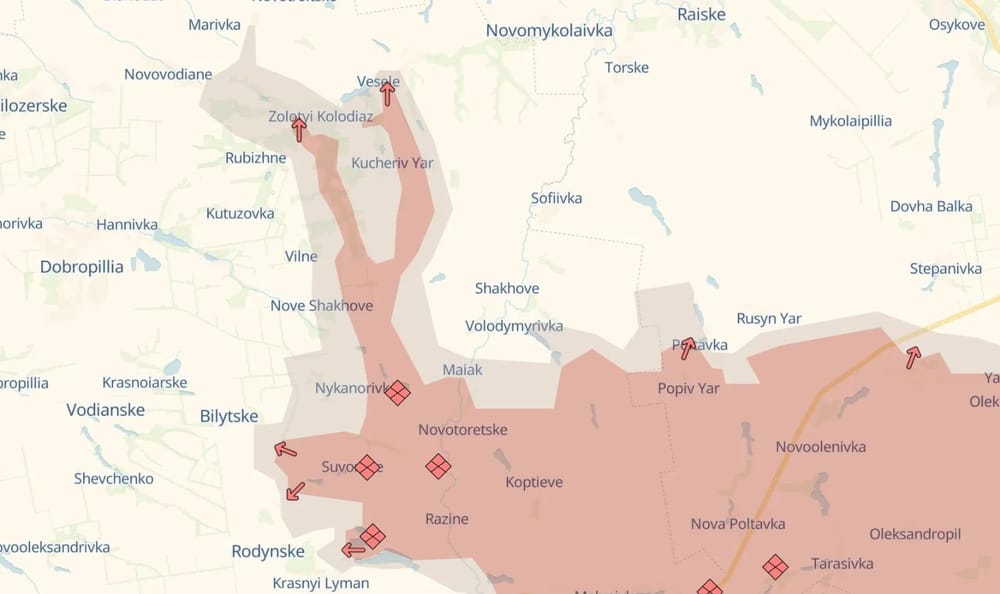 Image of Russian advances in eastern Ukraine, north of the city of Pokrovsk, in the Donetsk region (Deepstate UA)