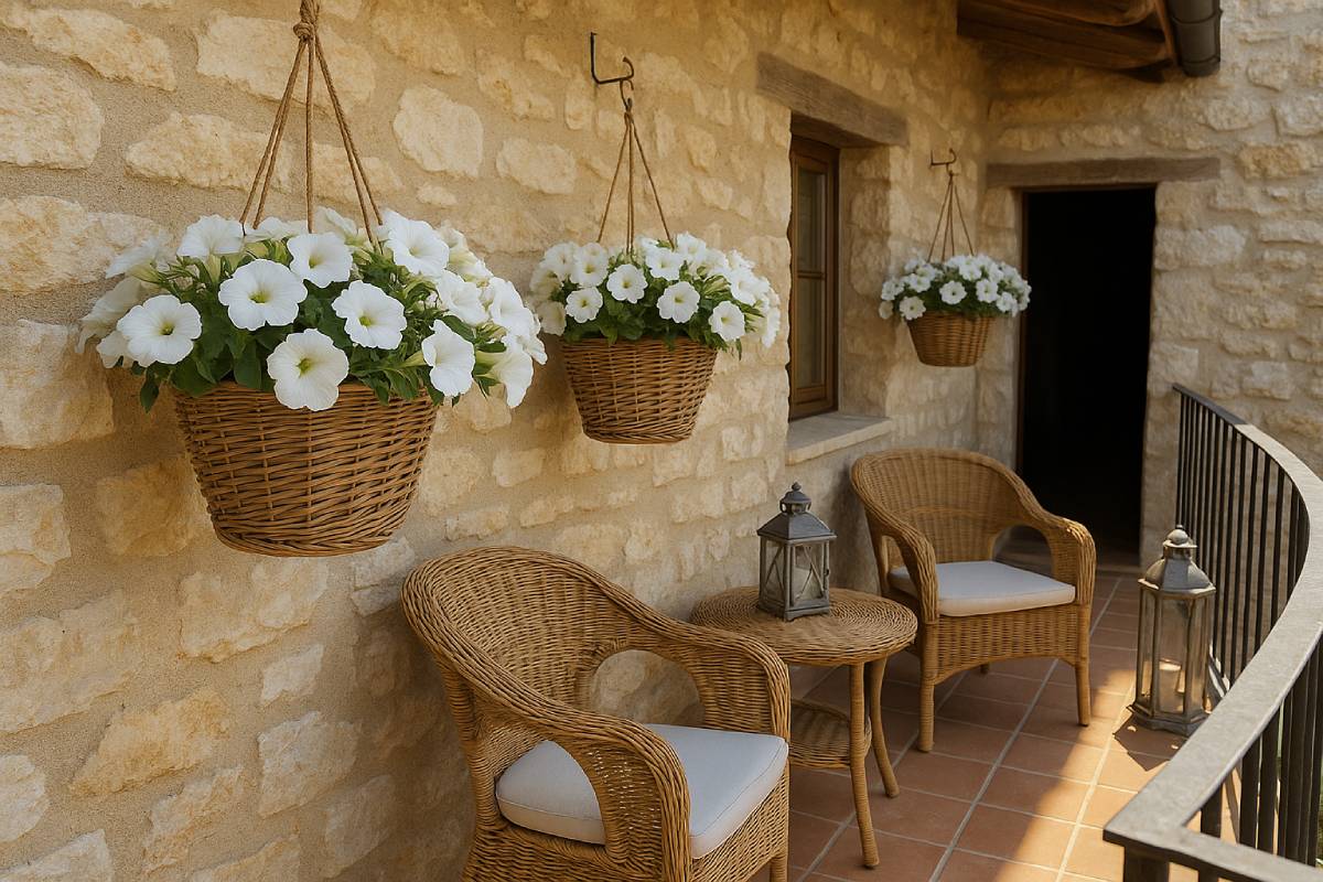 Petunie embellish the Mediterranean balconies