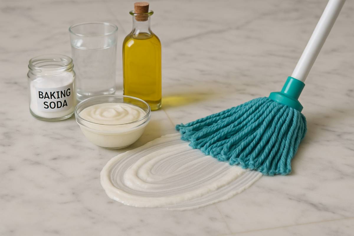 Bicarbonate, oil and water for marble