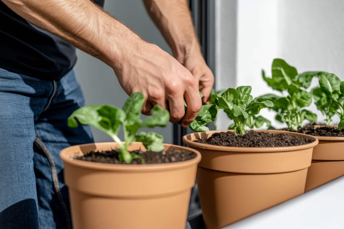 Spinach in pots on the balcony