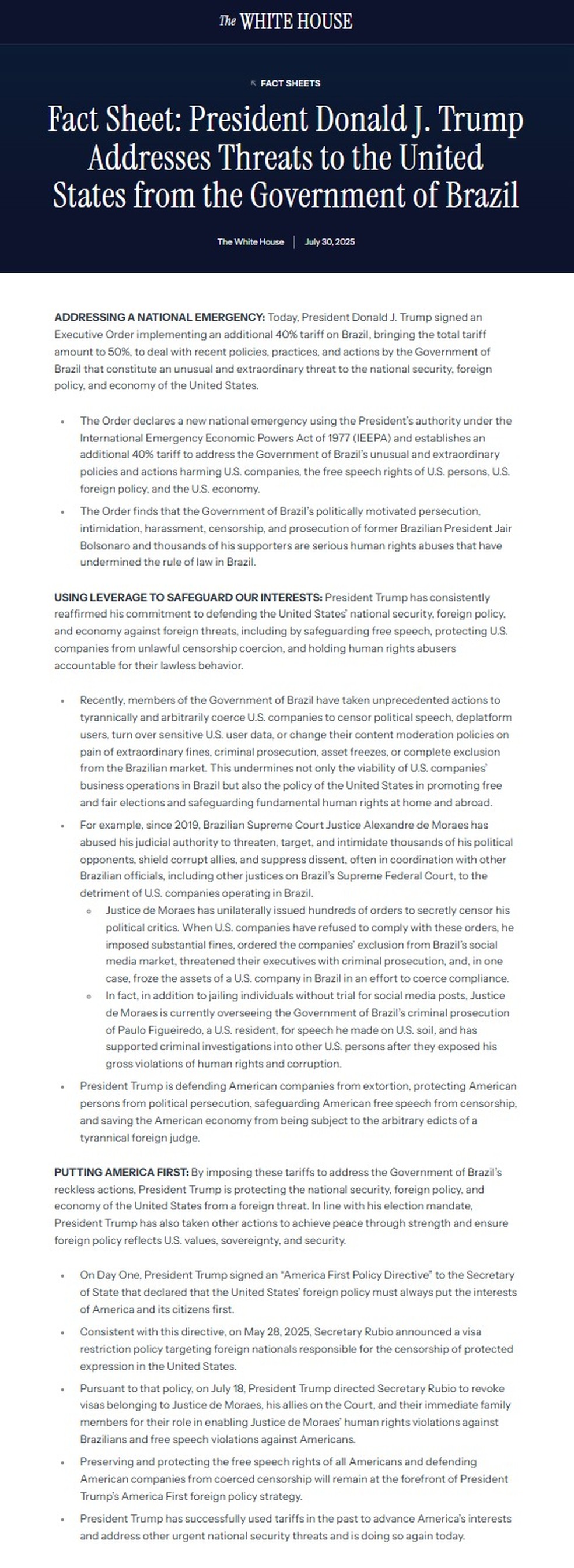 See the White House statement that formalizes the 50% rate to Brazil - Photo: Reproduction