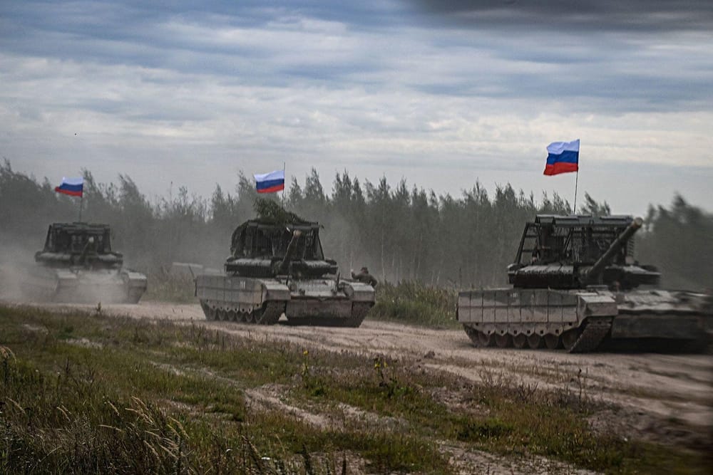 Russian tanks in motion during the Russian-Belorrussian joint military exercises “Zapad-2025” (West-2025) in a training camp near the city of Borisov, east of the capital Minsk, on September 15 (Olesya Kurpyayeva/AFP/Getty Images via CNN Newsource)