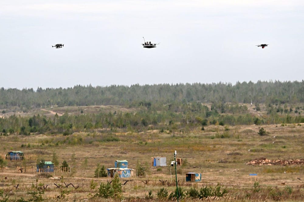 Drones fly during the Russian-Bielorrussion sets “Zapad-2025” (West-2025) in a training field near the city of Borisov, east of the capital Minsk, on September 15 (Olesya Kurpyayeva/AFP/Getty Images via CNN Newsource)