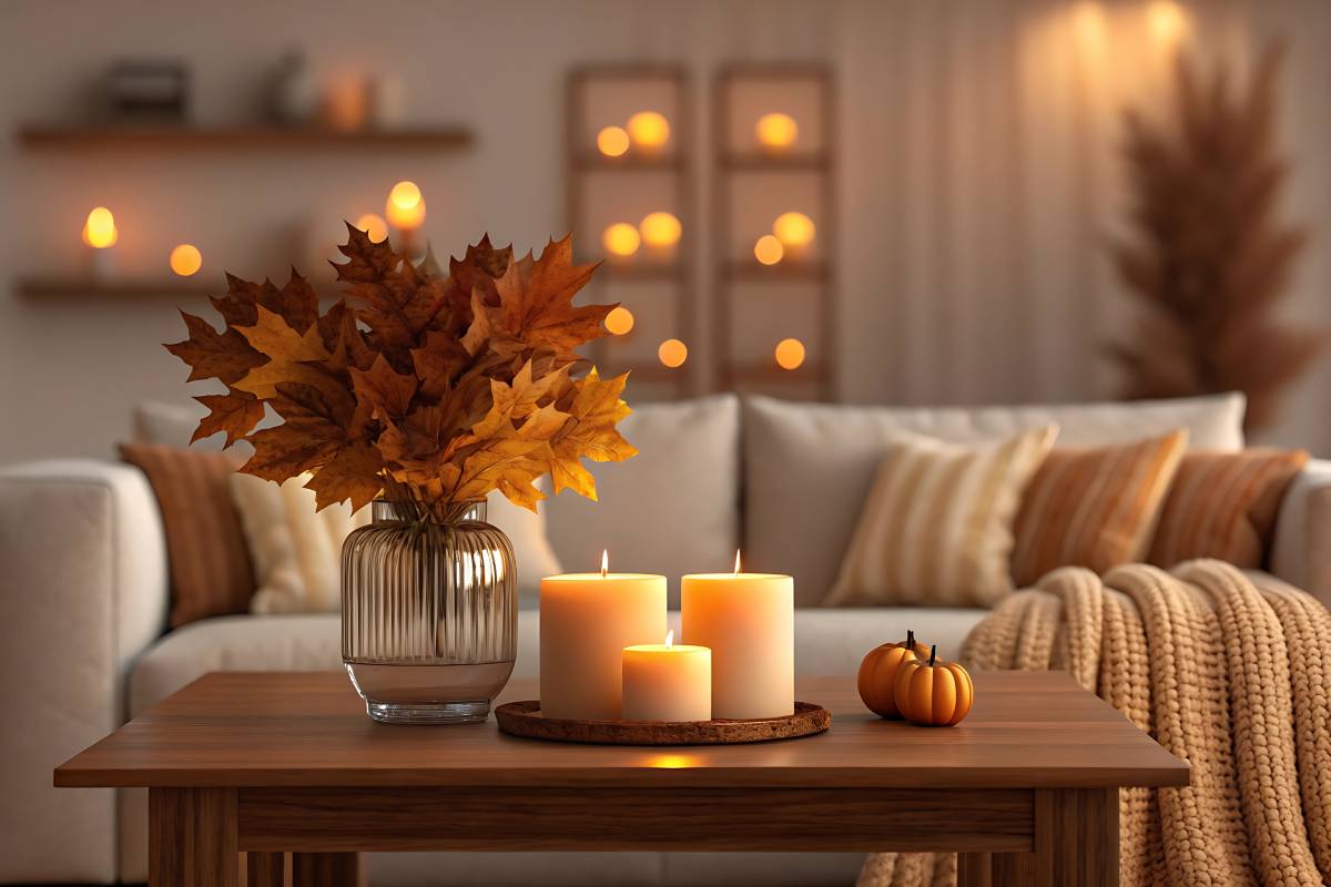Autumn candles and vases in the living room: hot atmosphere