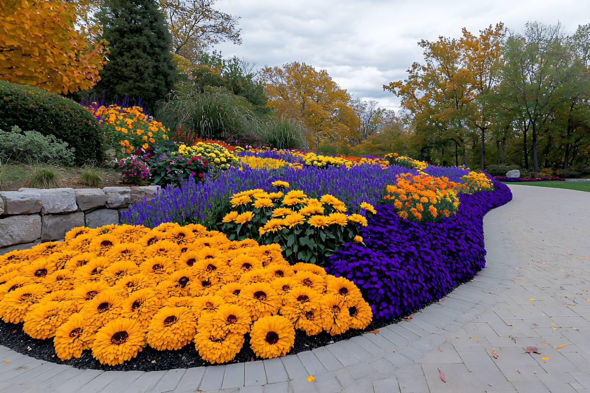Colored flower beds in autumn