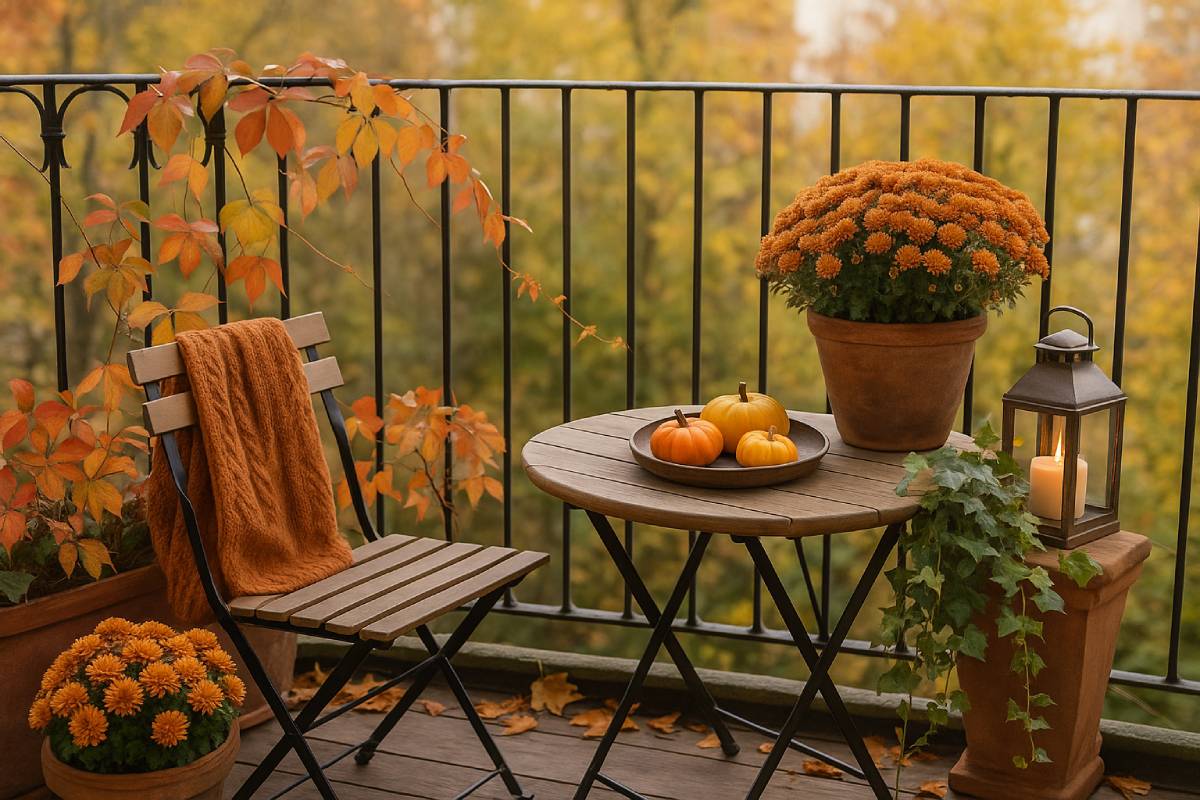 Pumpkins and flowers on the autumn balcony