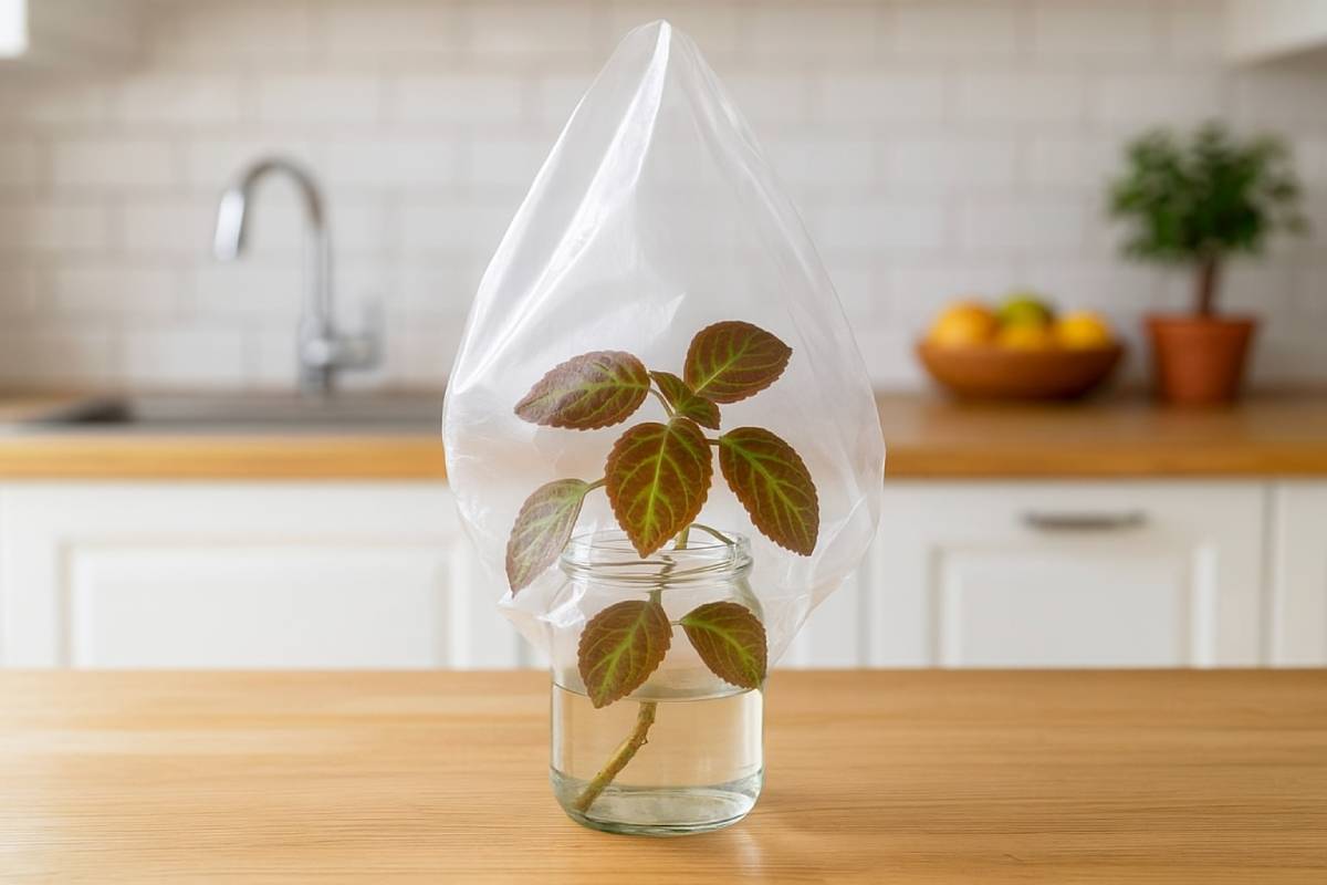 Plastic bag on the begonia cutting