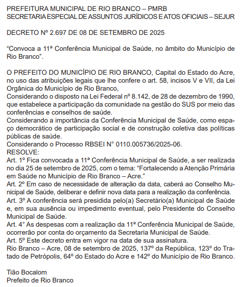 Rio Branco City Hall summons 11th Municipal Health Conference for the end of September