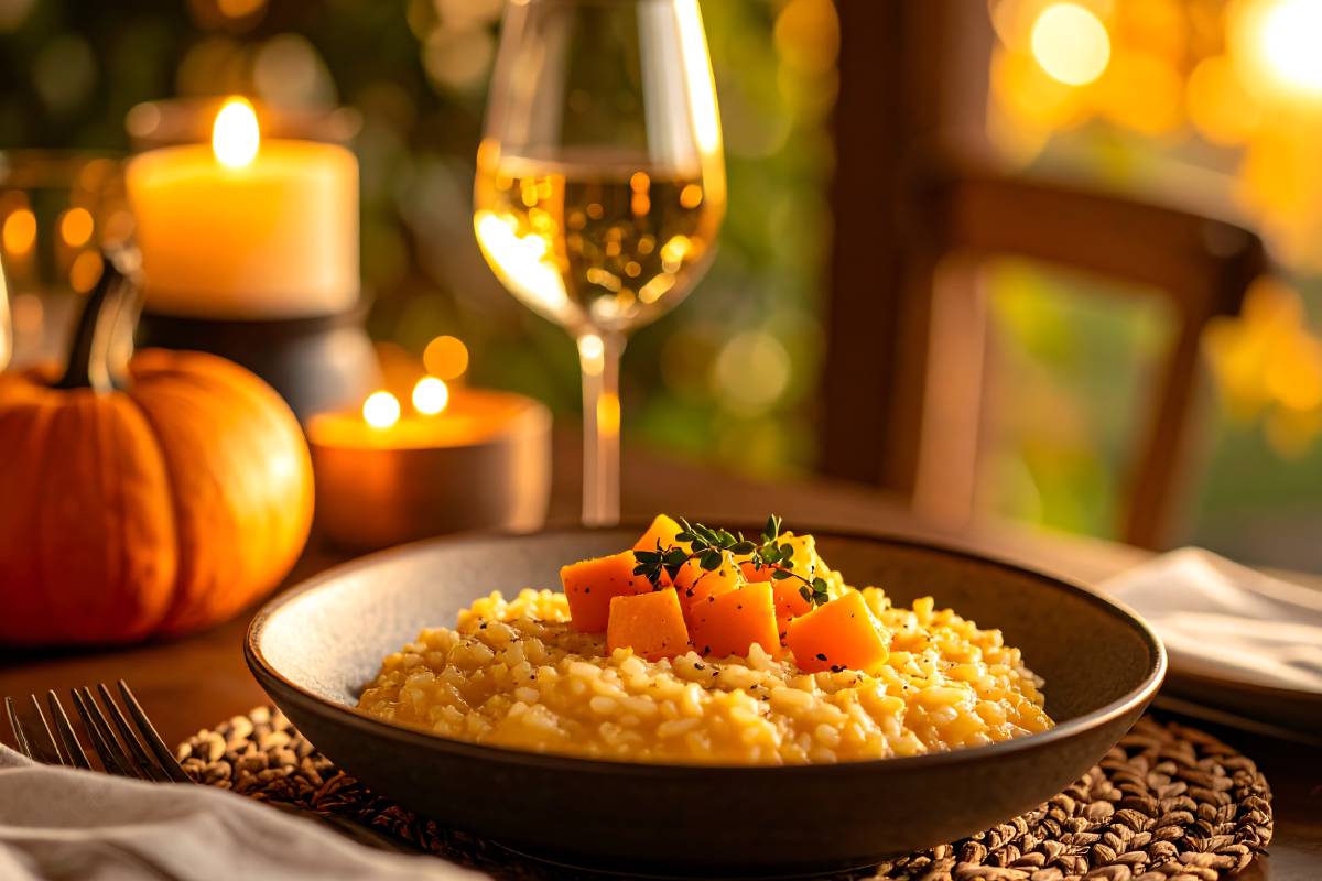 Risotto and white wine for autumn dinner