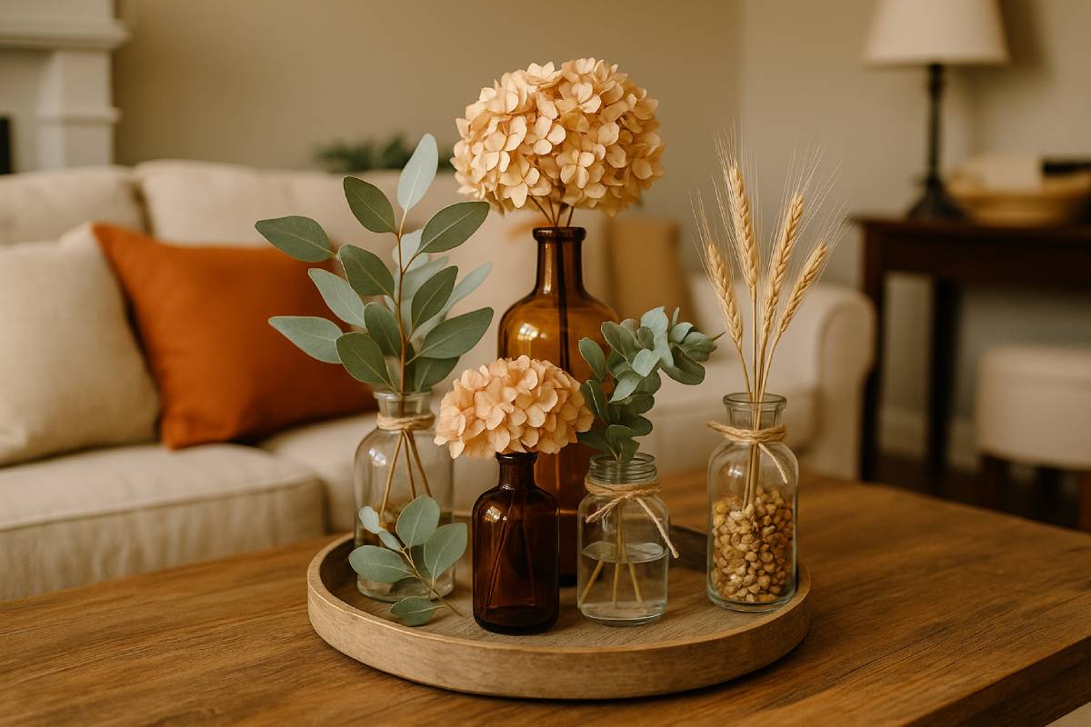 Autumn centerpiece with hydrangeas and eucalyptus