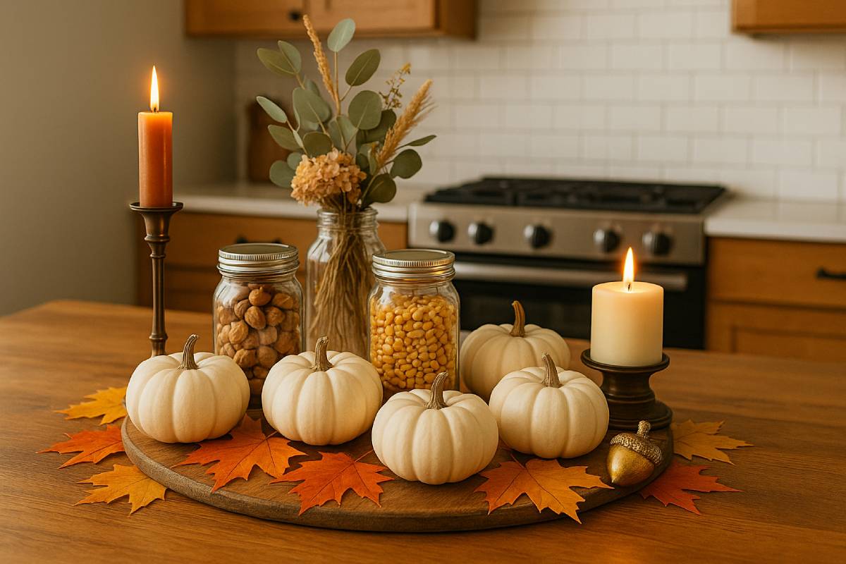Autumn centerpiece with pumpkins and jars