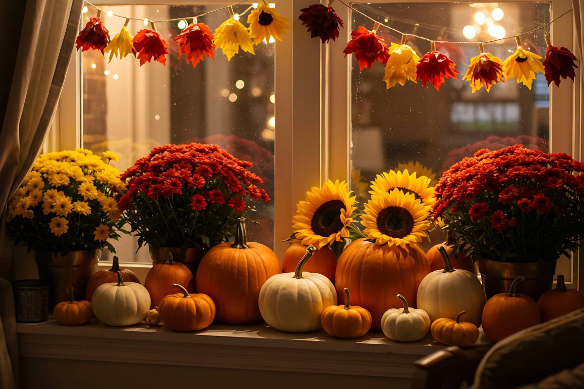 Pumpkins, flowers and leaves at the window
