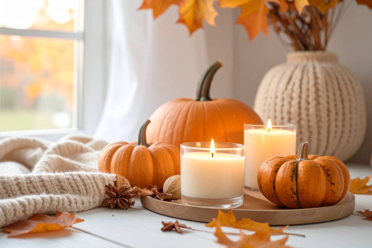 Autumn decorations with leaves, candles and pumpkins