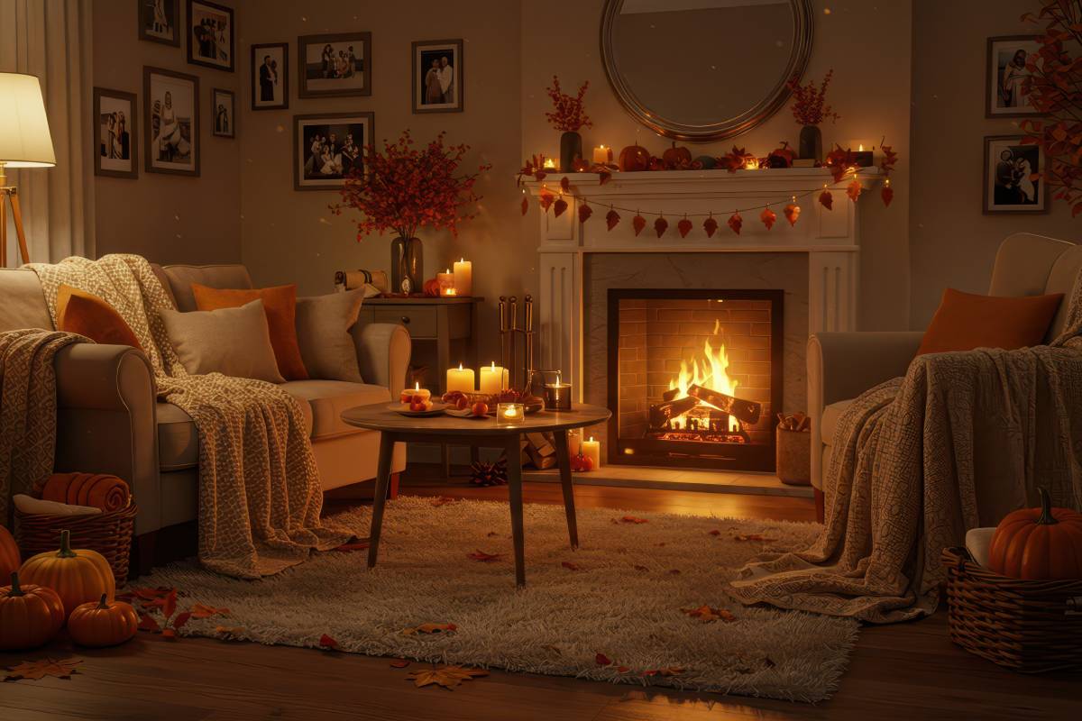 Pumpkins, candles and garlands of leaves in the living room