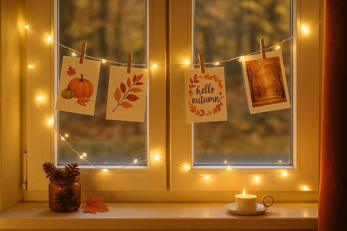 Autumn postcards and lights in the window