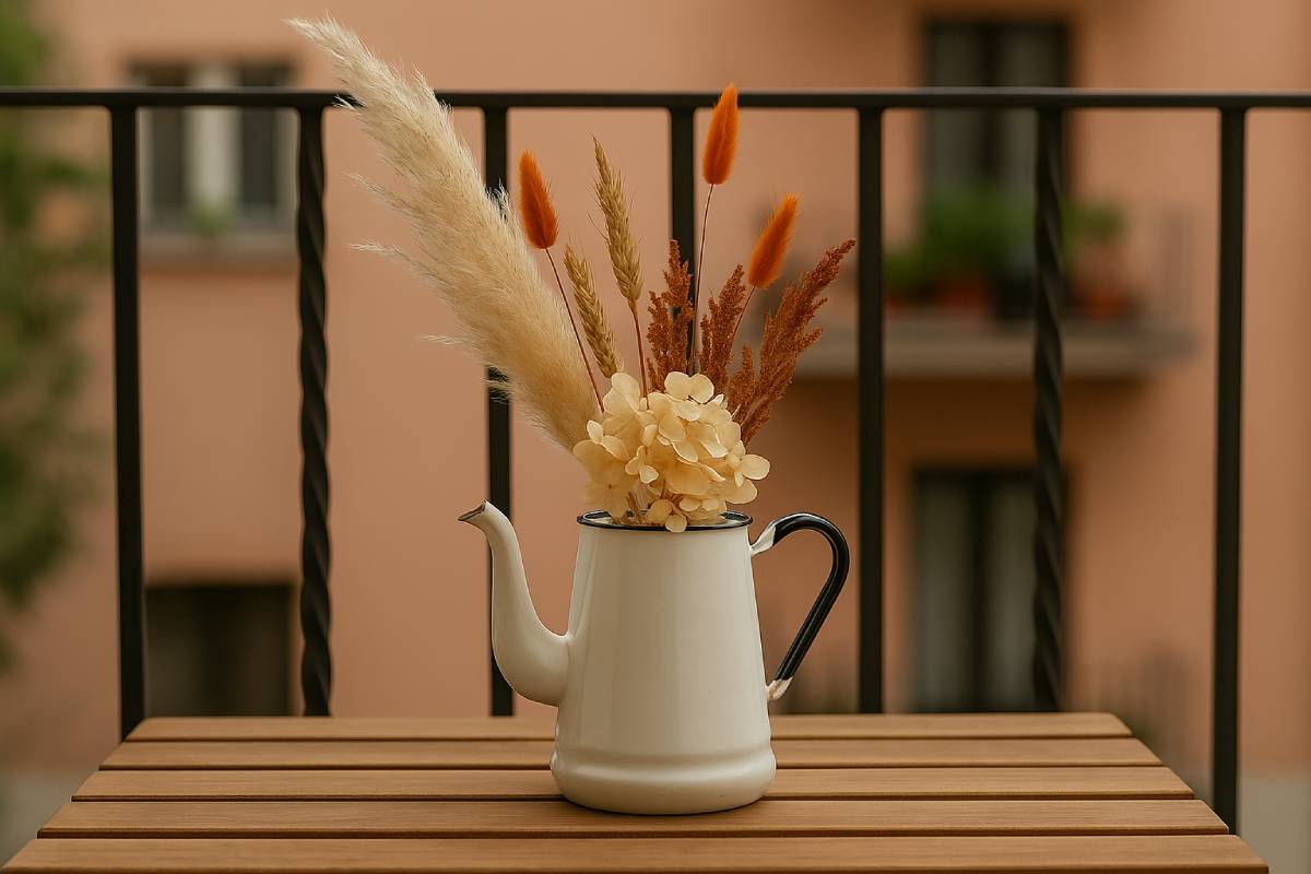 Dry flowers in a teapot decorate the autumn balcony