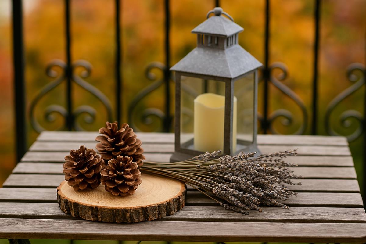Lanterne, pine cones and dry lavender: decorations on the balcony