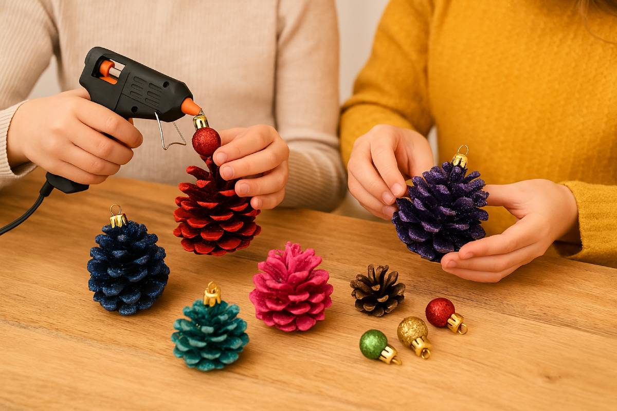 The autumn chores of children with pine cones and leaves