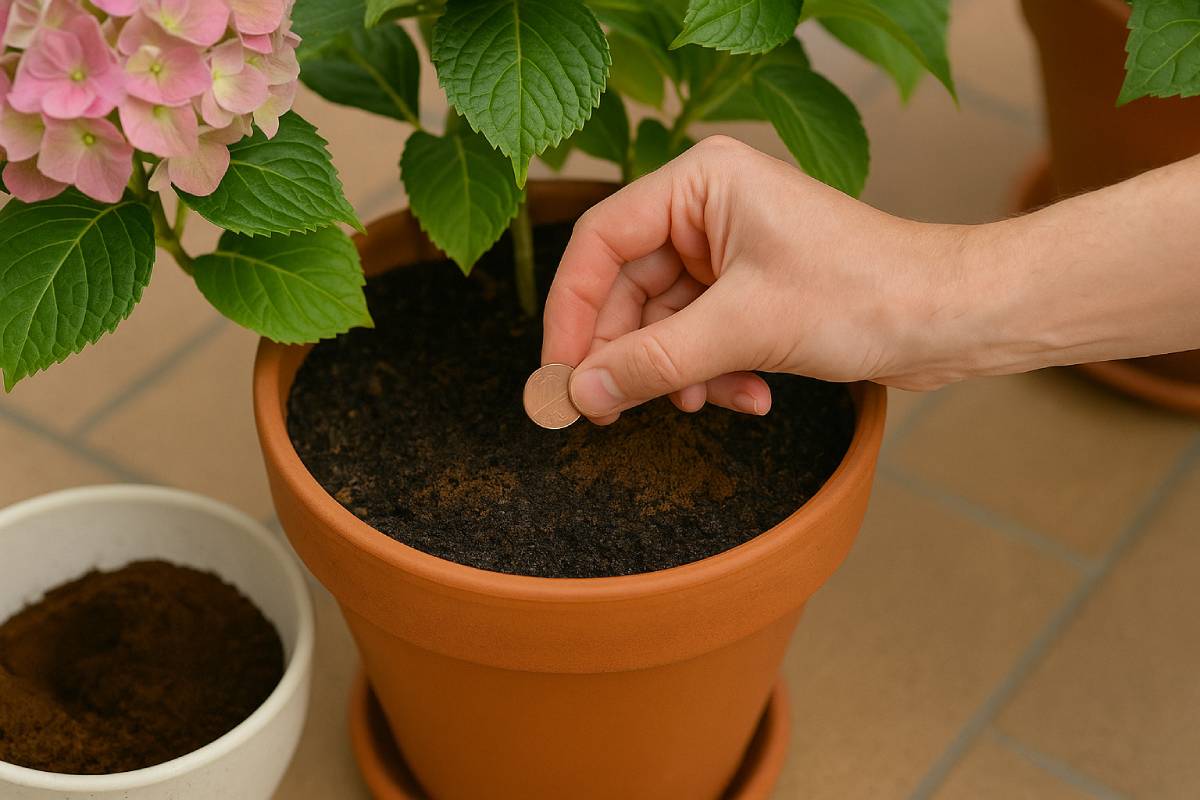 Perortensias acid soil to preserve its roots and color