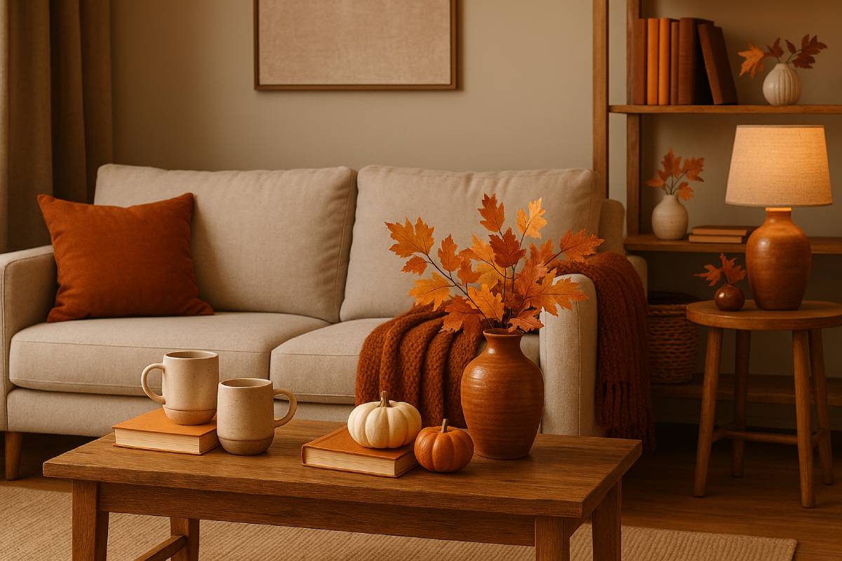 Enameled cups, books and decorative pumpkins in the living room