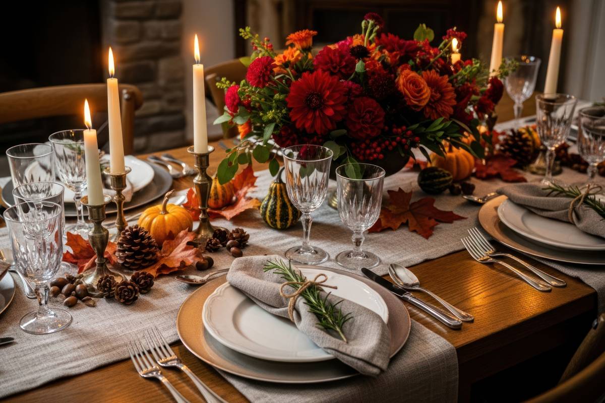 Table with pumpkins, candles and sprigs of rosemary