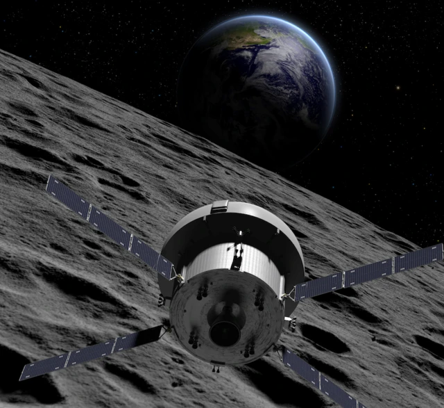 Artistic impression of a small four -panel spacecraft forming an X around it, flying above the lunar surface with the earth at the bottom.