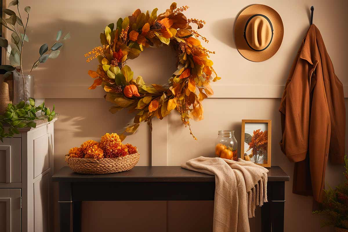Autumn decoration in rustic style at the entrance