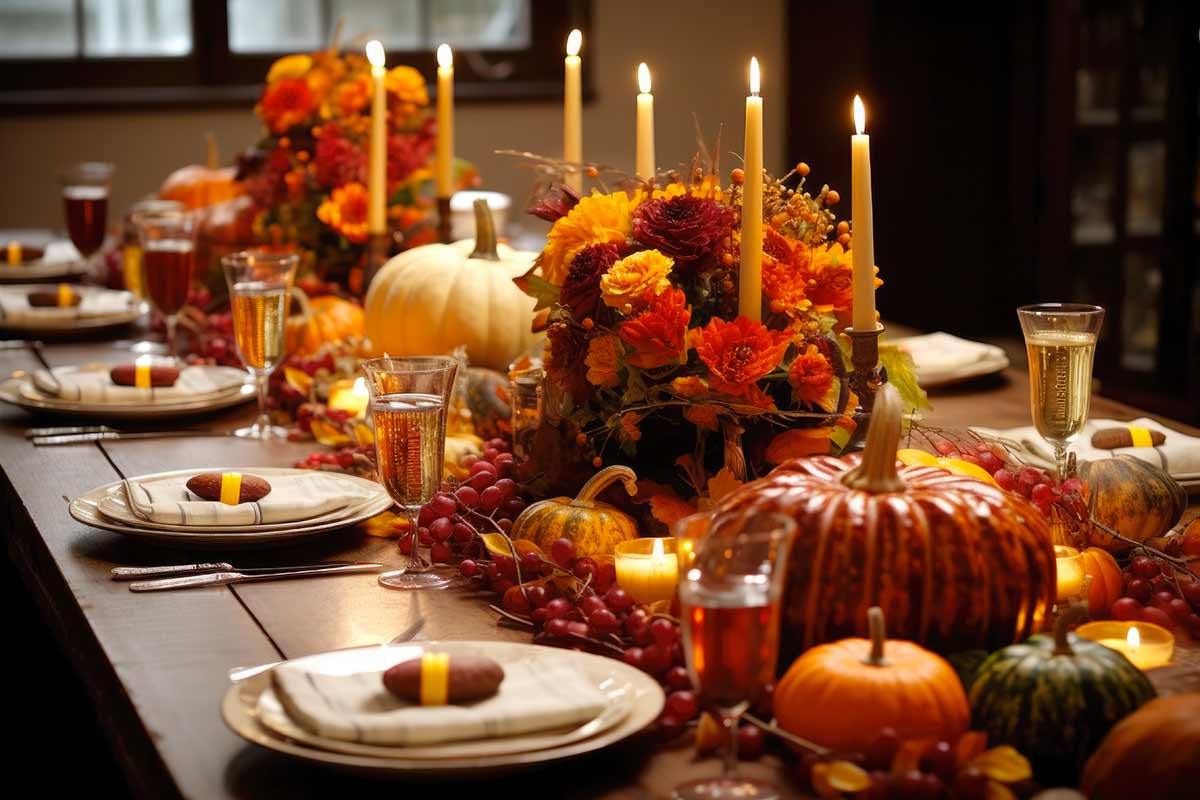 autumn centerpiece with pumpkins candles and flowers
