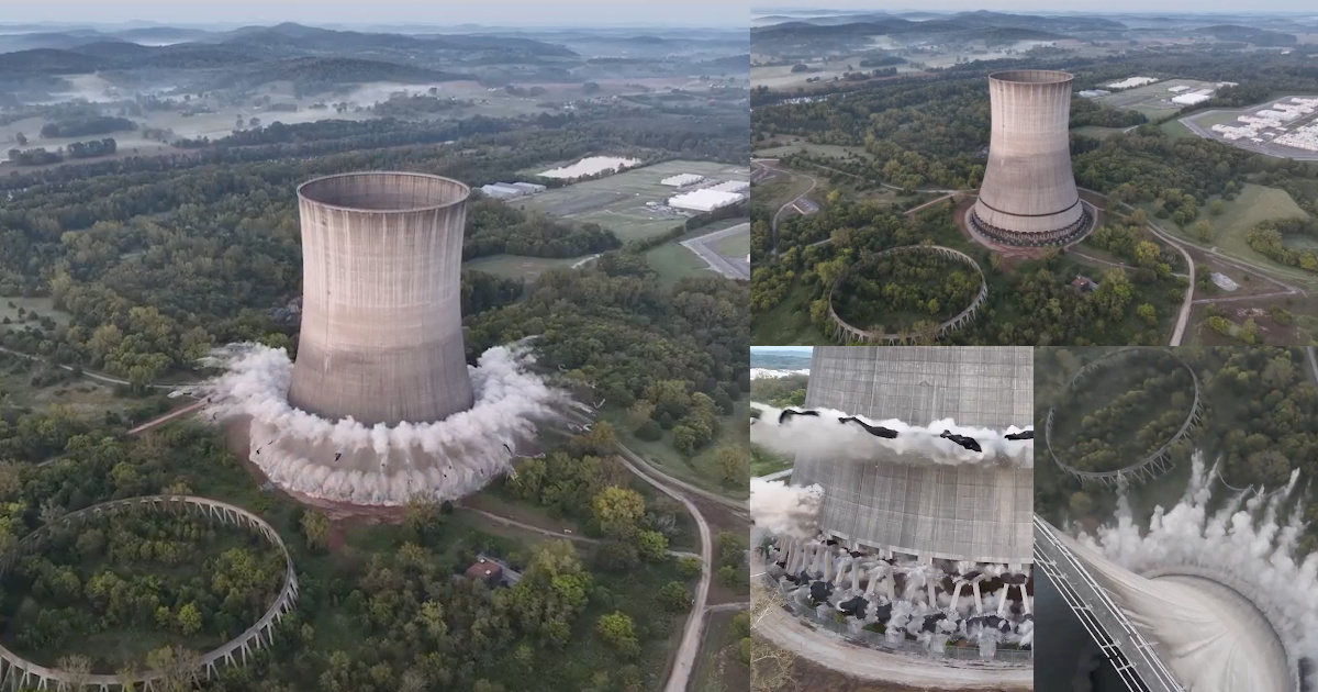The impressive controlled collapse of a US nuclear cooling tower