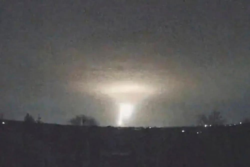 Lights are seen in the sky during a Russian attack on Dnipro in Ukraine on November 21, 2024 (Ukrainian Emergency Service/AP)