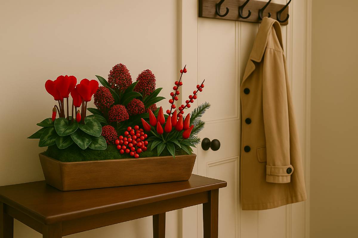 Planter with red berries and red cyclamens